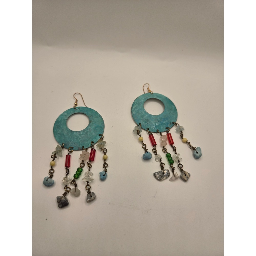 Boho Verdigris Patina Metal Dangle Earrings Stone Chip Bead Multi Color Artisan